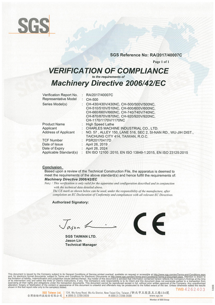 Certification CHARLES MACHINE INDUSTRIAL CO., LTD.